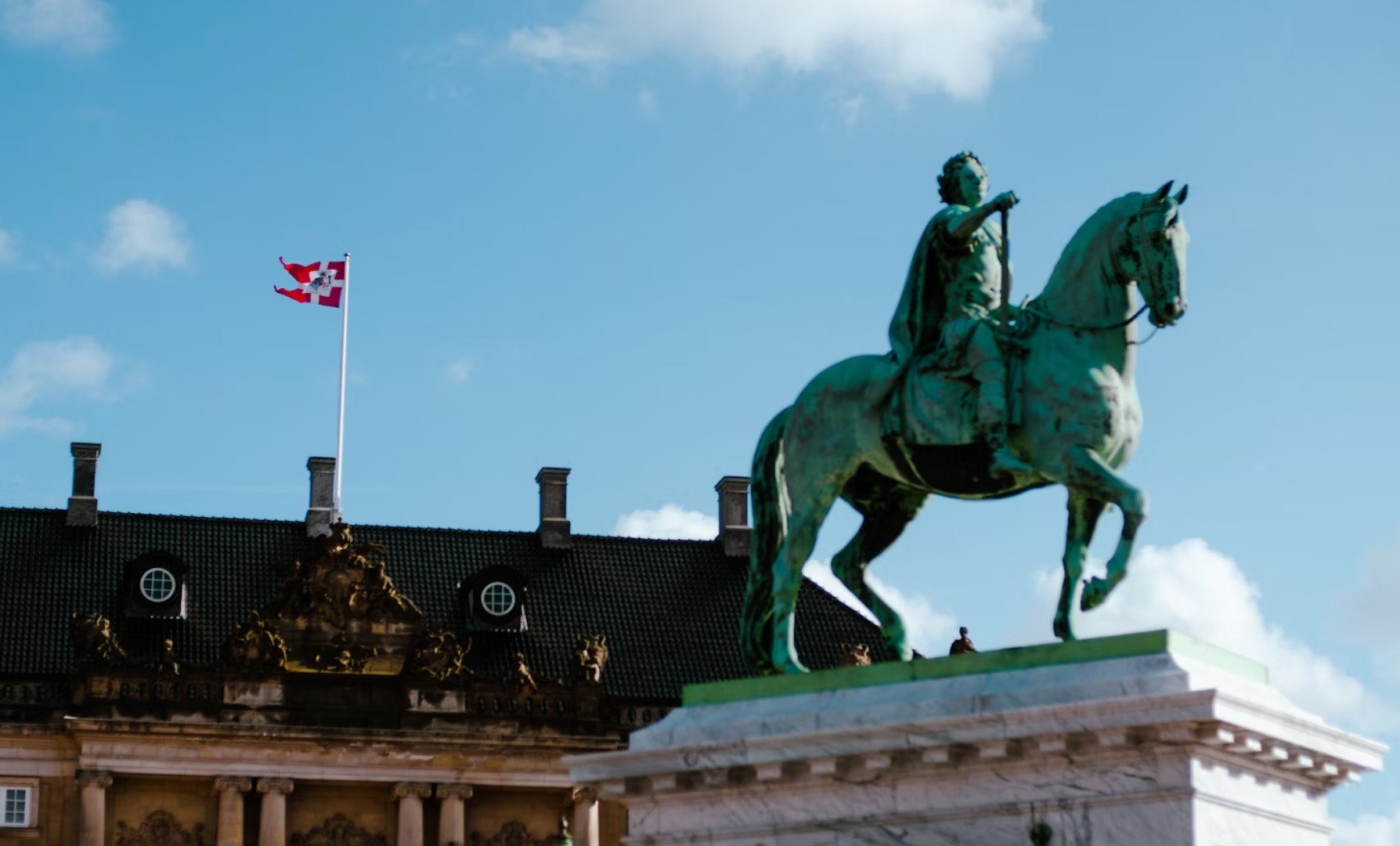 Equestrian statue of King Frederik V in Amalienborg Square in Copenhagen, Denmark.