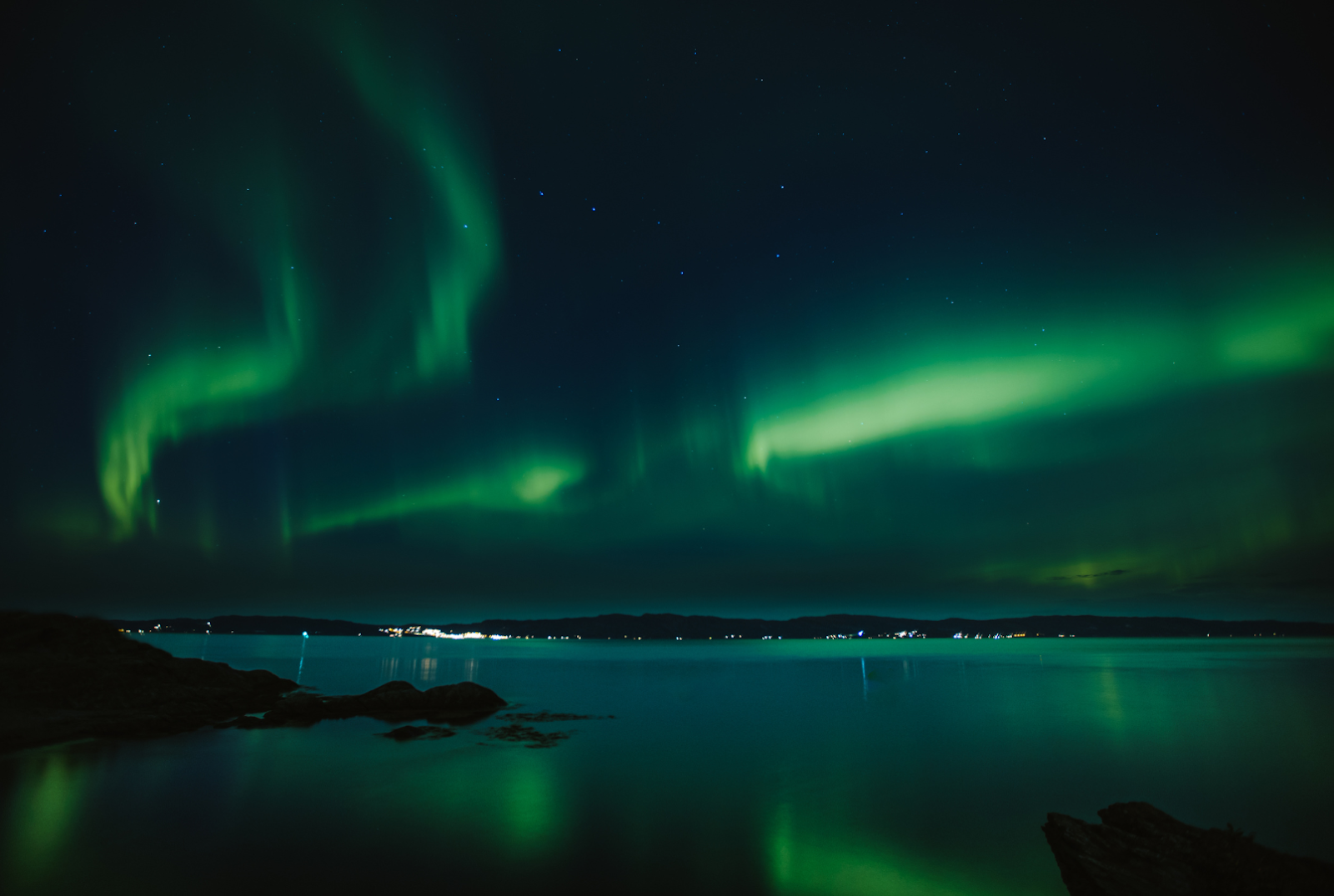 Beautiful view of northern lights from Trondheim, Norway.
