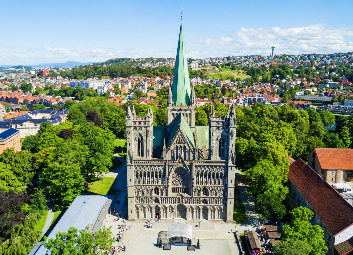 Aerial view of the Nidaros Cathedral, a gothic masterpiece built over the tomb of St. Olav, the Viking king who Christianized Norway.