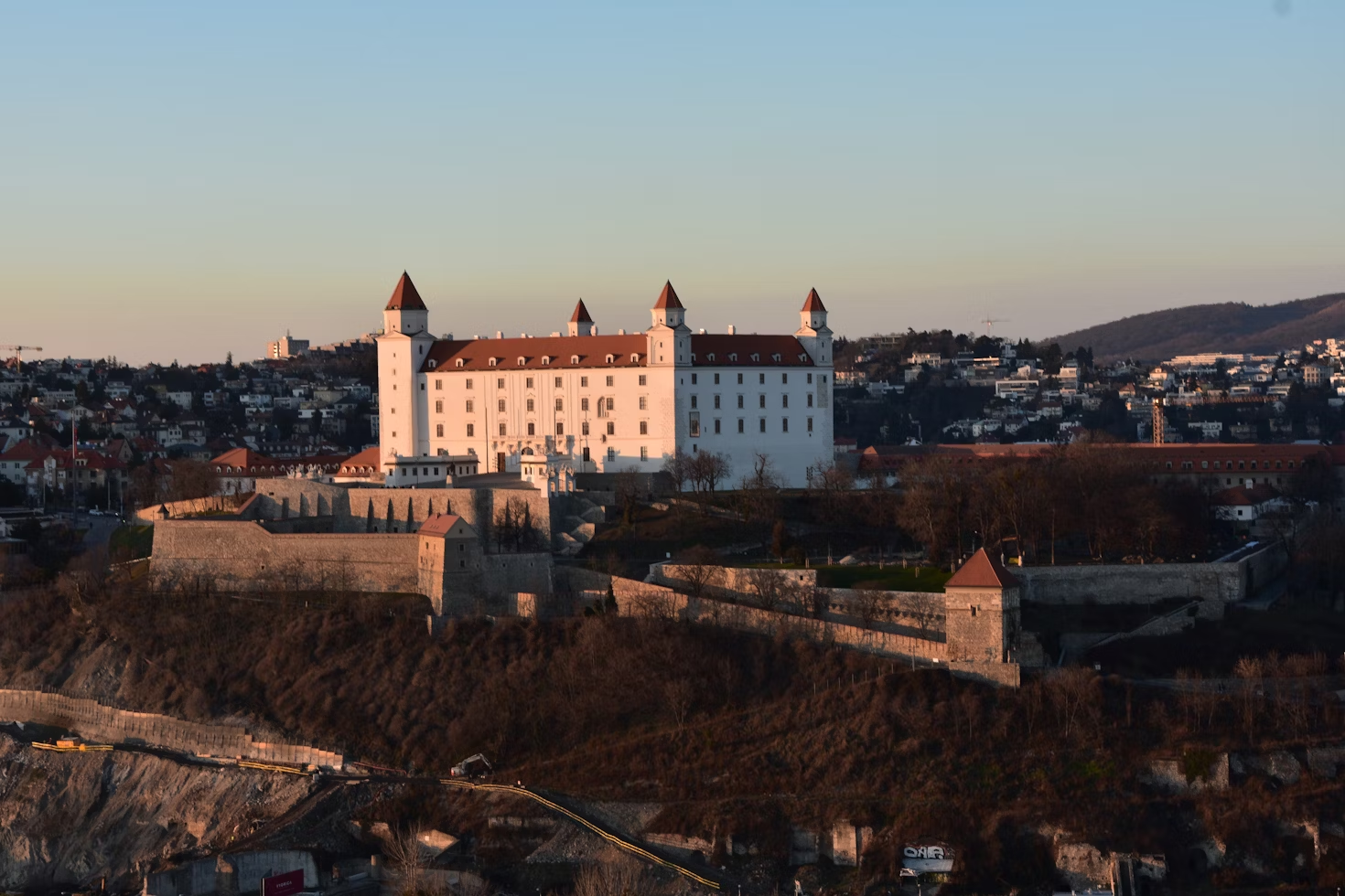 View of the Bratislava Castle, located a few meters above the Danube River, from the UFO Tower in Bratislava, Slovakia.