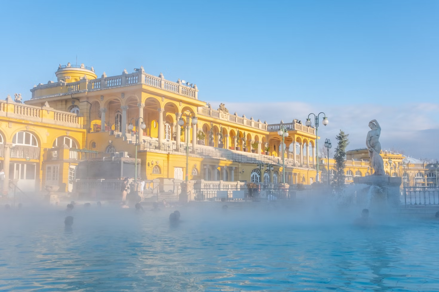 Steam rising from Széchenyi Thermal Bath, the largest natural hot spring spa and medicinal bath in Europe. Photo courtesy of Sarah Sheedy.