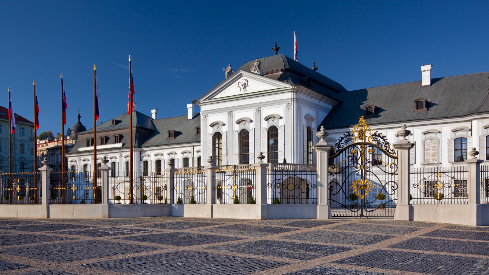 The Grassalkovich Palace in Bratislava, now the Presidential Palace, features a late Baroque style.
